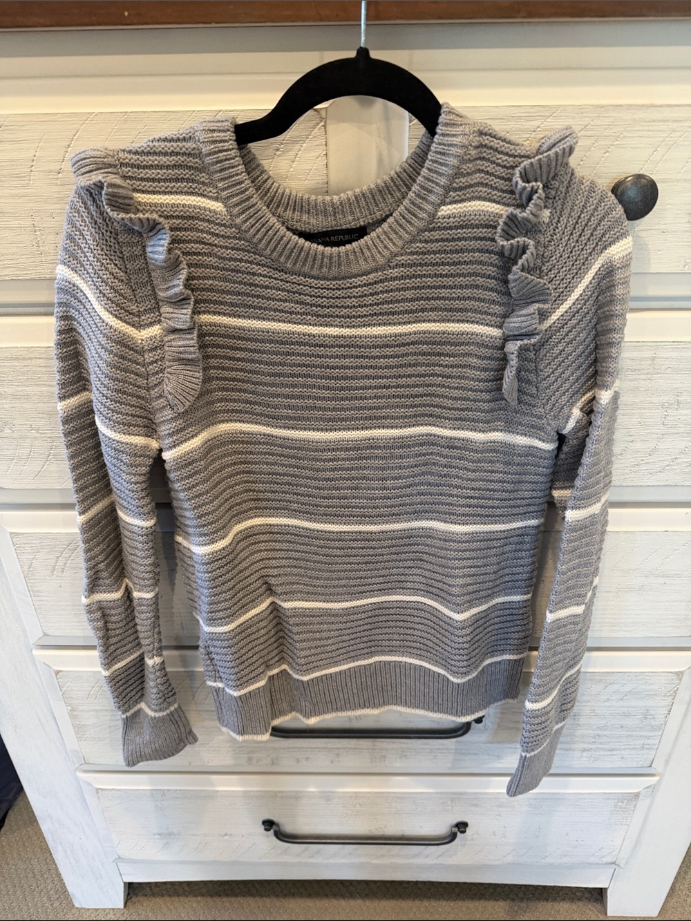 Banana Republic Gray and White Striped Ruffle Shoulder Sweater